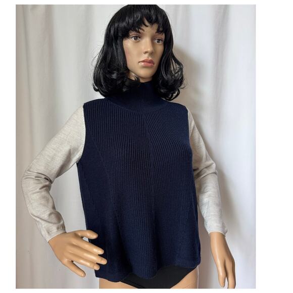 Karen Millen Mock Neck Wool Blend Sweater navy gray sleeves small - Picture 1 of 13